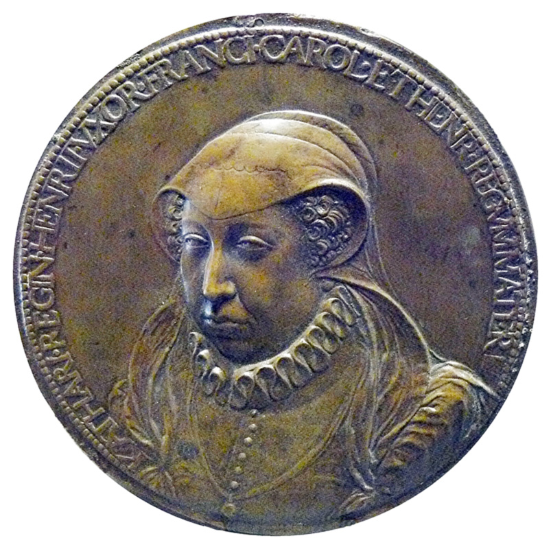 Екатерина де Медичи, медальон работы Жермена Пилона, середина XVI столетия.   Королева Франции с 1547 по 1559 гг. Управляла страной в качестве регента
