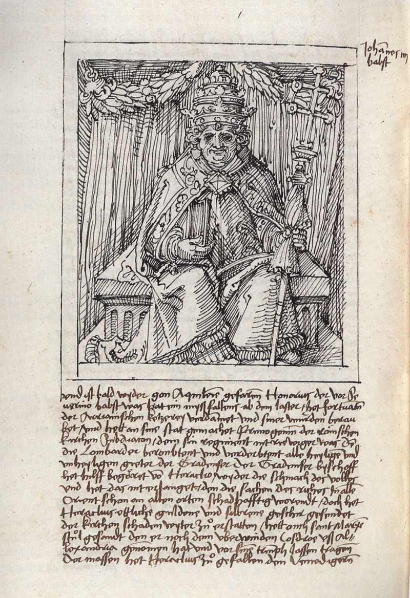 Рукопись Томаса Мурнера с собственноручным рисунком, изображающим папу Иоанна IV
