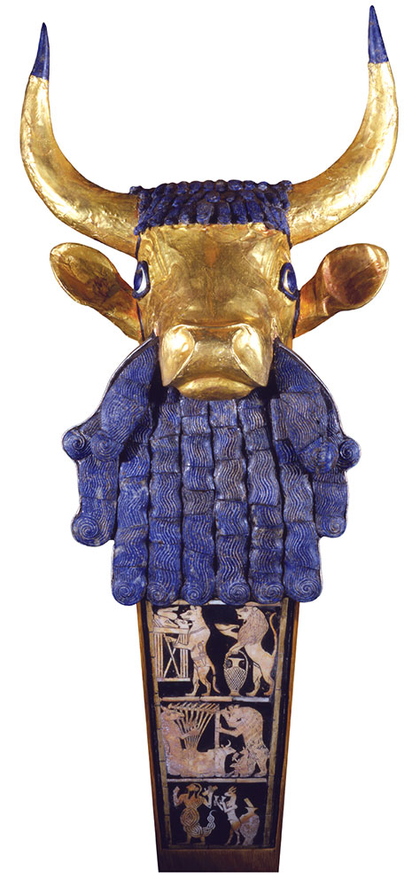 Голова быка. Навершие резонатора арфы  Из царской гробницы в Уре Ок 2600 г до н э Багдад, Иракский музей.
