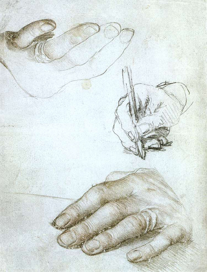 Ганс Гольбейн Младший, руки Эразма Роттердамского, мелки и серебрянный карандаш, 1523
