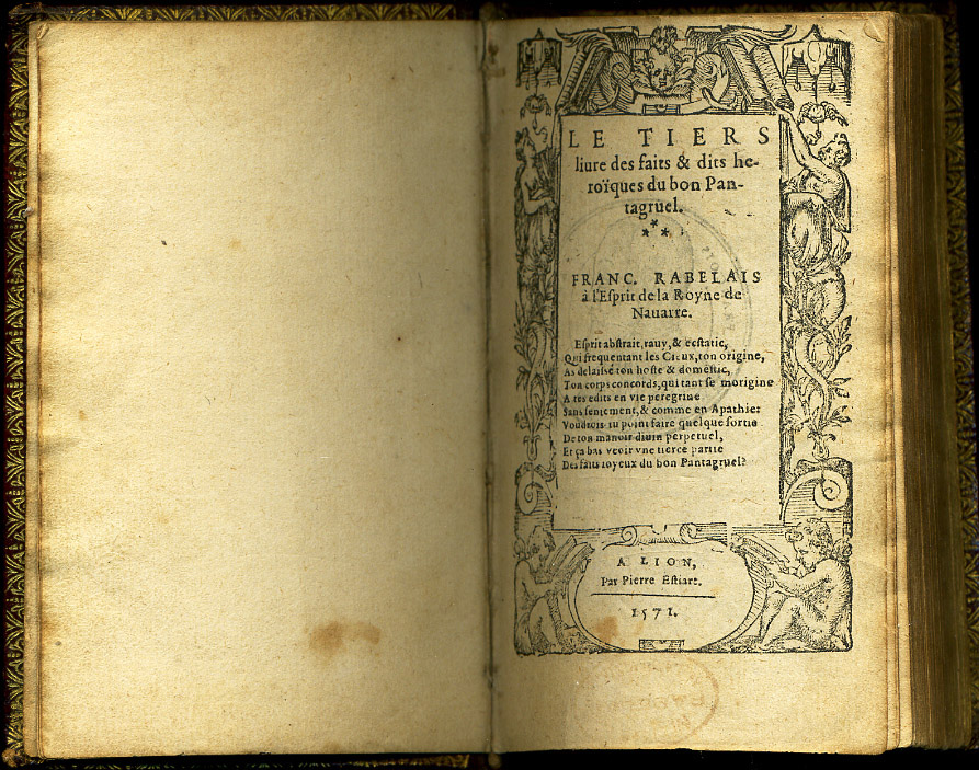 Титул издания второй книги «Гаргантюа и Пантагрюэля». Лион, 1571

