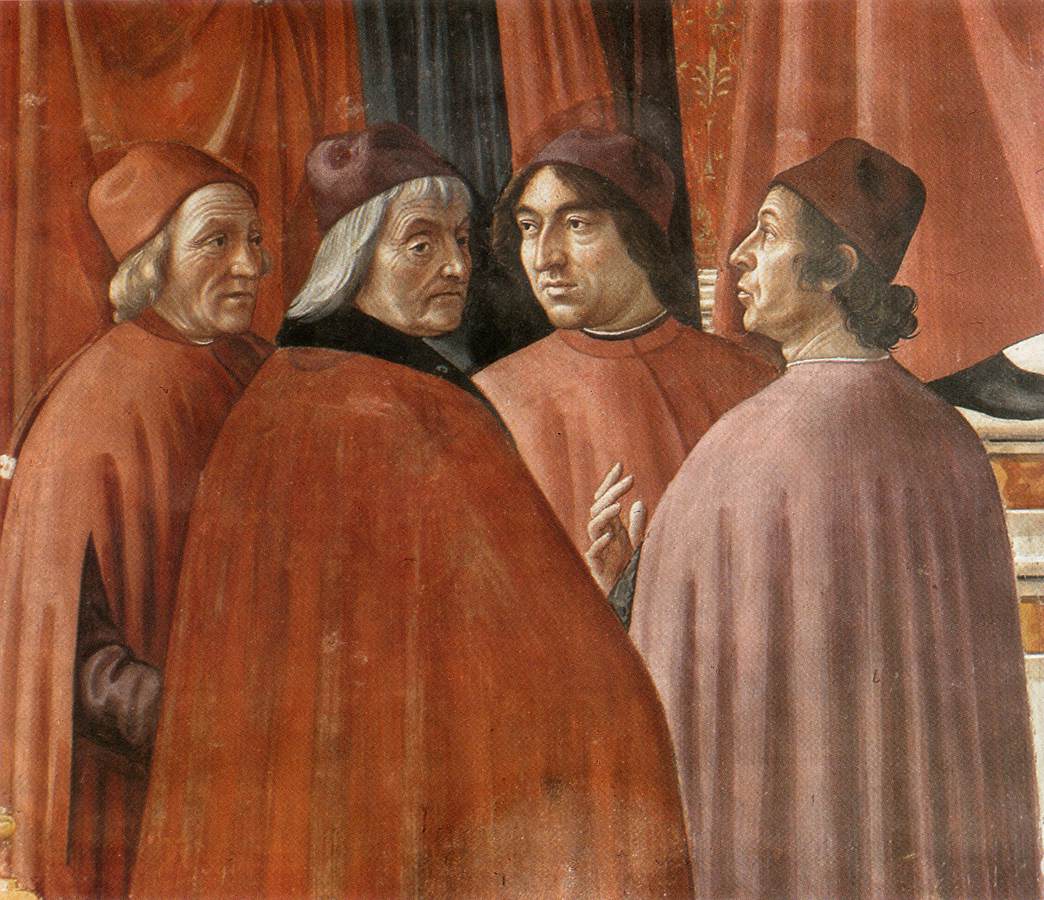 Фичино, Кристофоро Ландино, Полициано и Джованни де Бекки на фреске работы Гирландайо (1485-90)
